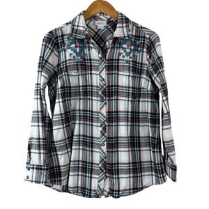 ARIAT Women's‎ Shirt Maroon Plaid Cotton Embroidered Button Down Western Size M